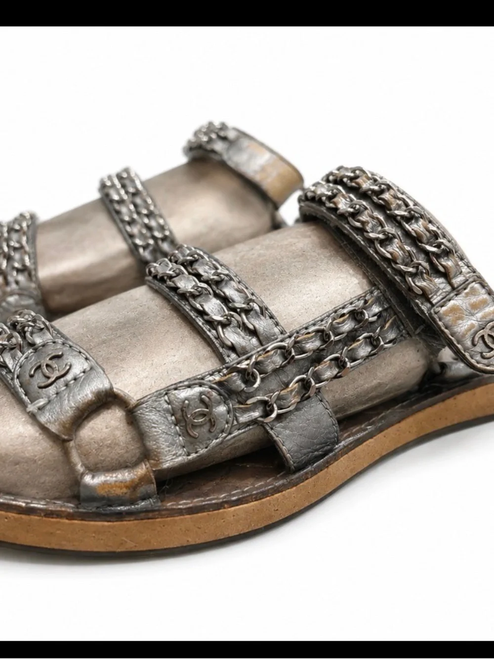 CHANEL Metallic Silver Braided Chain Leather Sandals